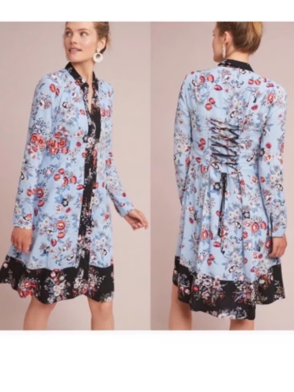Anthropologie Mauve brand Blue Floral Dress w/ Black Contrast Trim So pretty XS